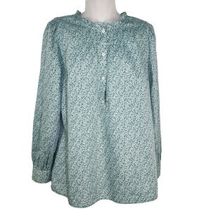 Talbots Blouse Womens Small Pintuck Geometric Floral Popover Green Cotton Ruffle